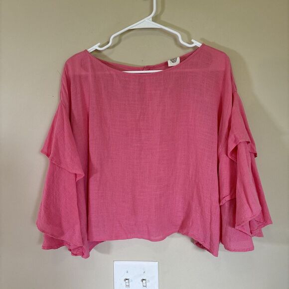 Lilka Women's  Pink Ruffle Sleeves Blouse,  Button‎ Down Back Sz L - Picture 1 of 8